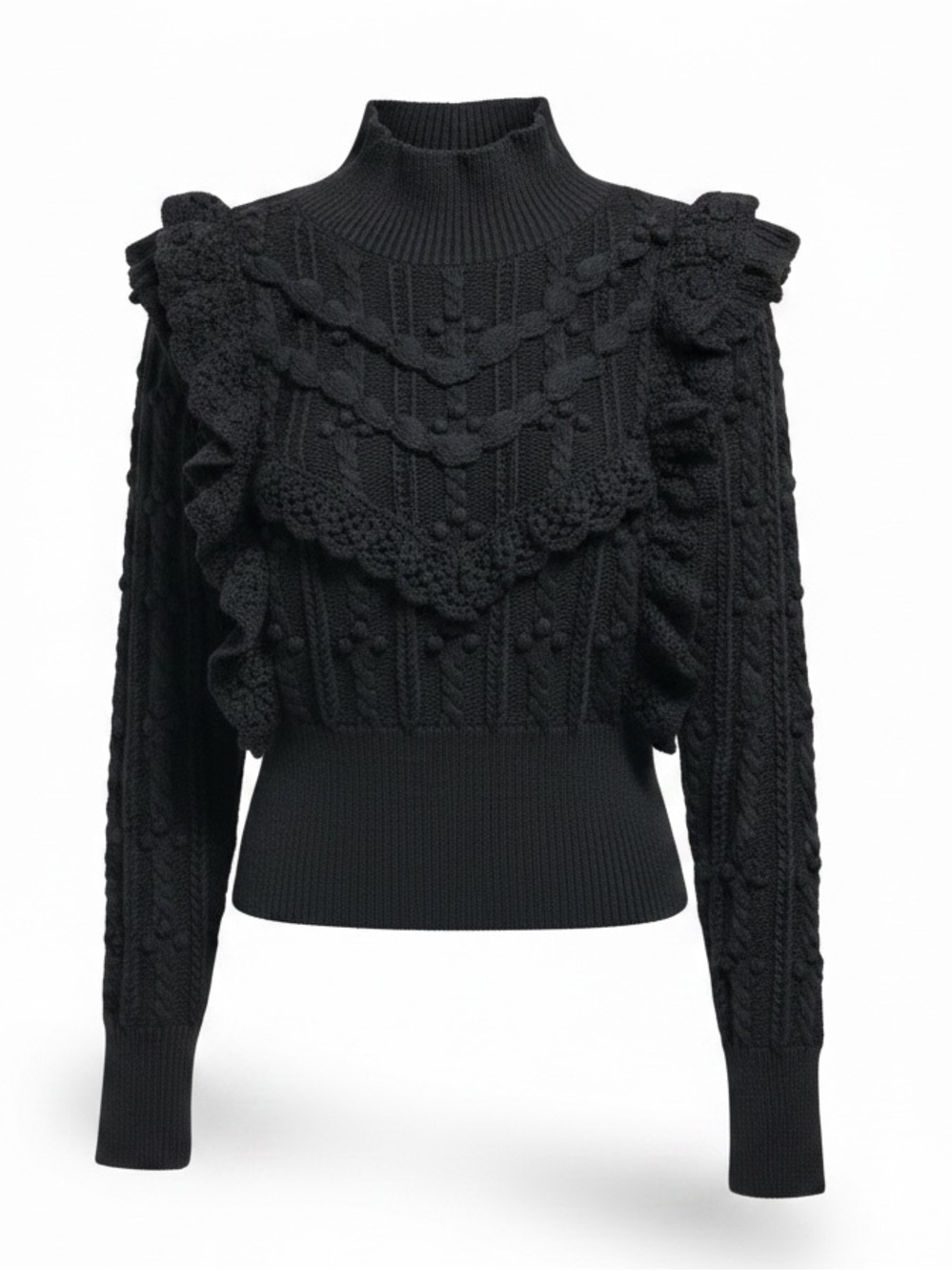 Black Crocheted Lace Ruffle Turtleneck Sweater made by Zara